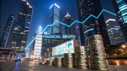 Illustration of financial graph overlaying a cityscape with stacks of coins in focus