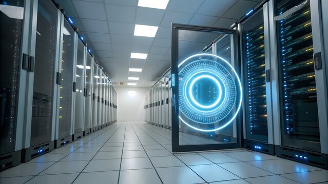 Illustration of server room with data center equipment and glowing digital circle