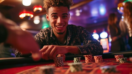 Smiling young Black man enjoys a vibrant night at the casino, surrounded by colorful chips and excitement.
