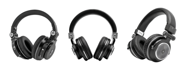 Set of Isolated Black Headphones on Transparent Background