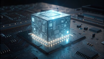 Illustration of glowing cube on circuit board, representing advanced technology concept