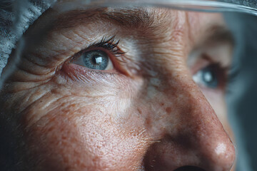 Elderly Woman with eye protective shield after eye surgery. Eye disease, Cataract, Glaucoma, Age Related Macular Degeneration, Diabetic Retinopathy, Vitreous, Lasik, World Glaucoma day and health