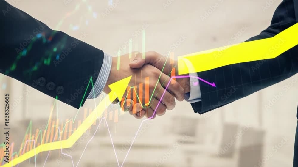 Poster a handshake between two people with a financial chart overlay and a yellow upward arrow graph