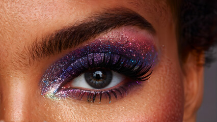 Obraz premium Close-up of a woman's eye with sparkling purple and pink glitter eyeshadow. The makeup is glamorous and eye-catching.