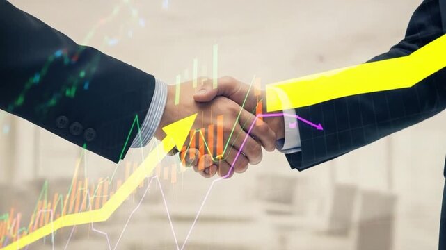A handshake between two people with a financial chart overlay and a yellow upward arrow graph