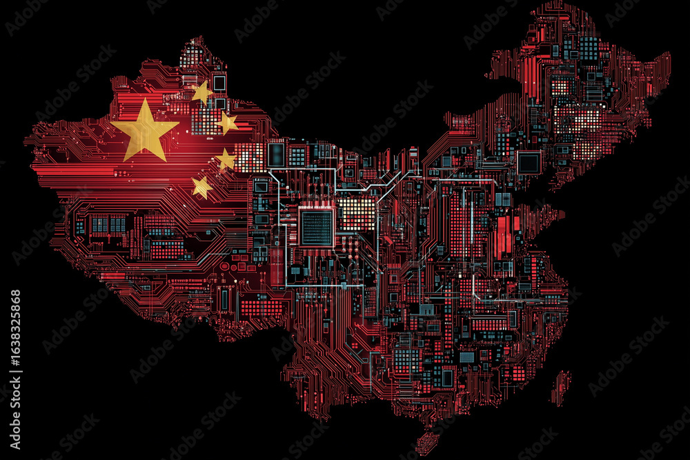 Poster a computer generated image of china with a red star on it