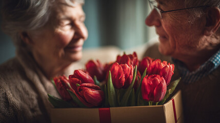 Elderly couple exchanging a bouquet of red tulips in a box with a red ribbon tie