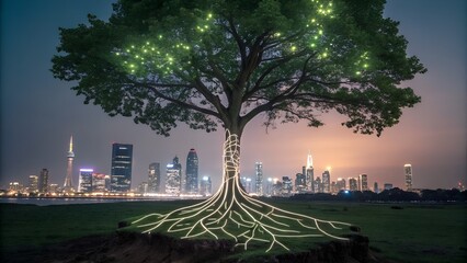 Illustration of tree with illuminated roots and city skyline at night, beautiful