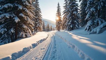 Snowy Forest Trail with Evergreen Trees and Sun
