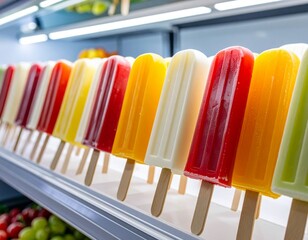 Colorful Popsicles on Wooden Sticks Lined Up in Display Case