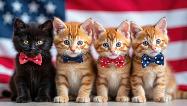 Four adorable kittens sit together wearing patriotic bow ties against blurred American flag background. Featuring black kitten, three ginger tabby kittens, look forward with wide eyes. Festive