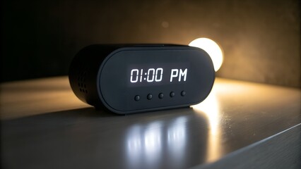 Illustration of digital clock on the table showing 0100 pm in the dark room