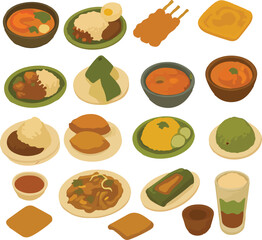 set of Malaysian food icons isometric vector