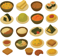 set of rice food icons isometric vector
