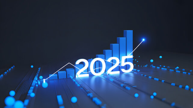 Dynamic 2025 growth chart showcases financial success and future projections with vibrant blue bars and a rising trend line