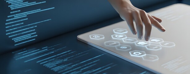 Interactive Interface: A person's hand interacts with an interactive digital interface with the soft glow of the future. Explore the possibilities of modern technology with this image.