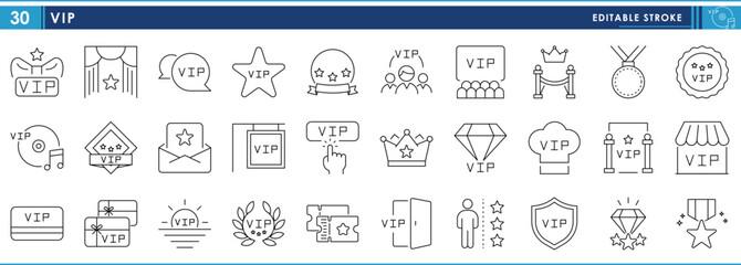 A set of line icons related to VIP. Class, medal, shop, items, red carpet, exclusive, person, and so on. Vector editable stroke.
