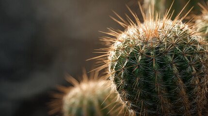 A close up of a round cactus with sharp spines against a blurred dark background
