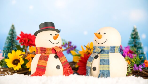 Festive snowmen amidst colorful flowers