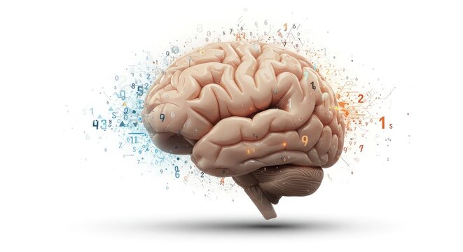 Anatomical brain model surrounded by floating numbers on a clean white background - Powered by Adobe