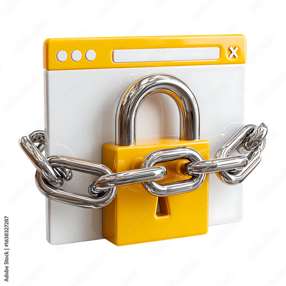 Poster yellow padlock and metal chain securing a web browser window isolated on transparent background