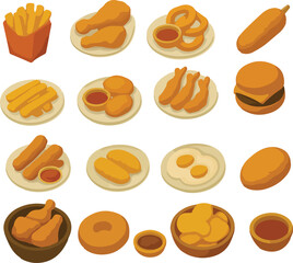 set of fried food icons isometric vector