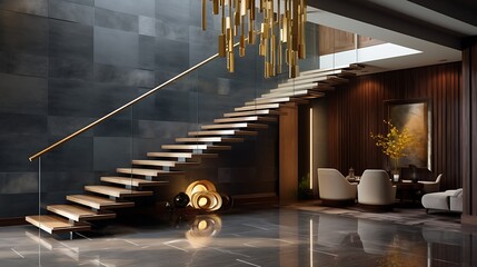Elegant modern staircase with polished dark wood treads, floating glass railings, brass edge details, a sculptural ceiling light feature, and a dark stone tile floor, full frame,