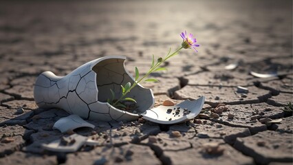 A powerful conceptual image of a single, delicate flower growing from a broken vase on a dry, cracked desert floor, symbolizing hope, resilience, and new beginnings.