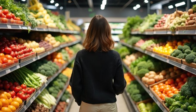 Woman selects organic fruits, vegetables in zero-waste supermarket. Chooses fresh produce, embracing sustainable, healthy lifestyle, mindful consumption. Store offers biodegradable packaging options,