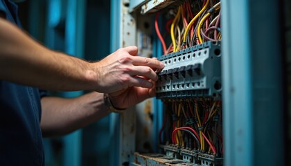 Electrician hands work on home circuit panel, rewiring, performing electrical maintenance. Focus on safety, repair, restoring power with precision. Close-up shot emphasizes detailed work involved in
