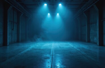 Empty industrial hall interior with concrete floor and blue neon lights. Dramatic smoke and atmospheric lighting create a moody, modern ambiance suitable for events or product showcases.