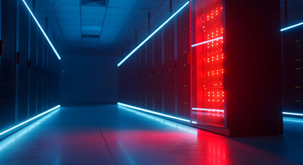 Data center corridor with red-lit server rack, Modern server room with neon lighting and advanced data processing infrastructure