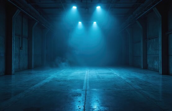 Empty industrial hall interior with concrete floor and blue neon lights. Dramatic smoke and atmospheric lighting create a moody, modern ambiance suitable for events or product showcases.