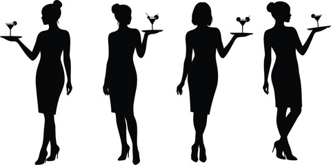
Elegant female silhouettes holding cocktails — stylish women in dresses serving drinks, vector illustration for bar, party, or event themes