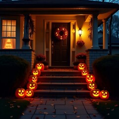 Obraz premium Halloween Night at House Entrance with Glowing Pumpkins and Festive Decorations