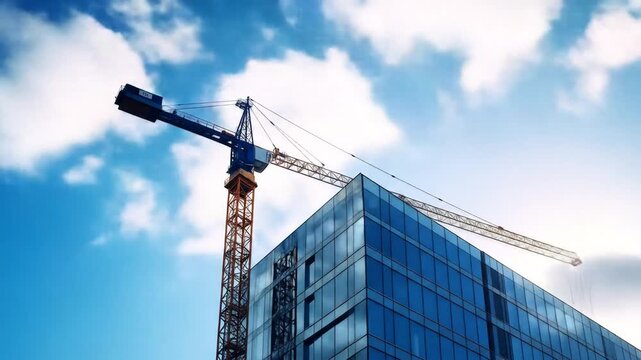 Construction Crane Next To Modern Glass Building Against Bright Blue Sky With Scattered White Clouds In Urban Landscape During Daytime