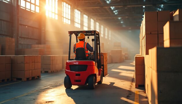 Forklift operator in safety gear moves cargo in sunlit warehouse. Man operates machinery, handles boxes, ensures efficient logistics, workplace productivity. Focus on safe material transport, supply