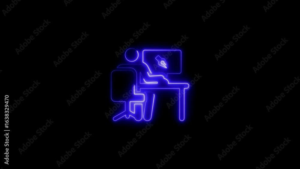 Poster neon graphic designer working on a computer in a modern minimalist style on black background