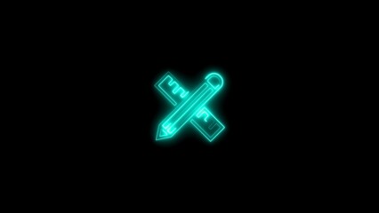 Fototapeta premium Glowing neon illustration of pencil and ruler crosswise on a black background