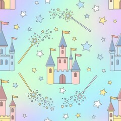 Dreamy Pastel Fairytale Pattern with Magical Castles and Star Wands.