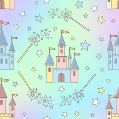 Dreamy Pastel Fairytale Pattern with Magical Castles and Star Wands. © Oktaf
