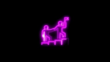 Neon illustration depicting leadership success teamwork support and goal achievement on a black background