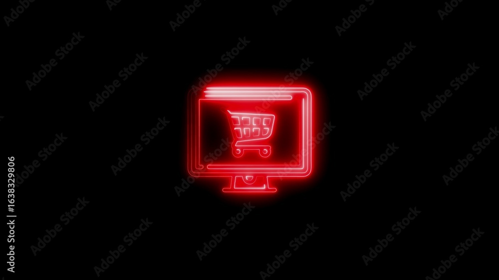 Poster illuminated neon shopping cart displayed on computer screen against black background