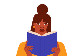 Vector illustration of a brown woman reading a book on an isolated background. Modern education, literature, and learning concept for school, library, study, and academic designs. High resolution PNG