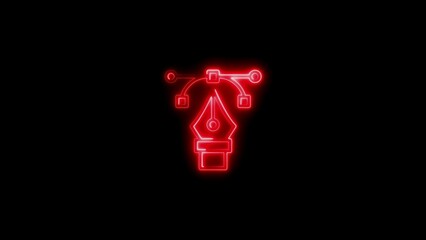 Glowing red neon pen tool icon on black background graphic design concept