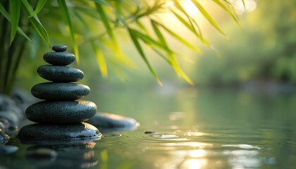Obraz premium Stack of dark wet zen stones balanced in calm water with rich green bamboo leaves overhead. Sunlight filters through foliage creating soft bokeh, reflections. Offers serene natural backdrop for