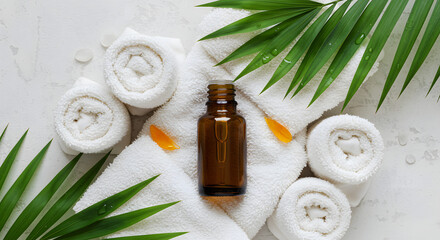 Elevated spa experience: a tranquil arrangement featuring a tincture bottle, fresh towels, botanical accent and delicate floral details creating a refreshing zen ambiance ideal for wellness