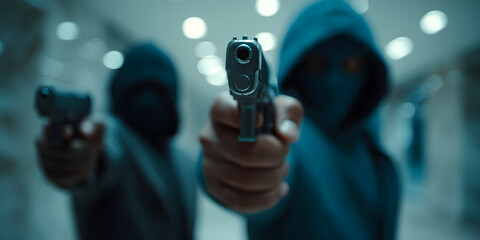 Two masked individuals pointing guns in a dark, tense atmosphere, captured in a dramatic close-up shot.

