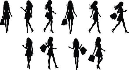 Obraz premium Fashionable women shopping silhouettes — elegant girls carrying bags in various walking and posing positions