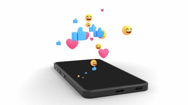 Social media reactions 3d animation with smartphone emojis floating. Can be used in social media ads or crm viral content analytics
